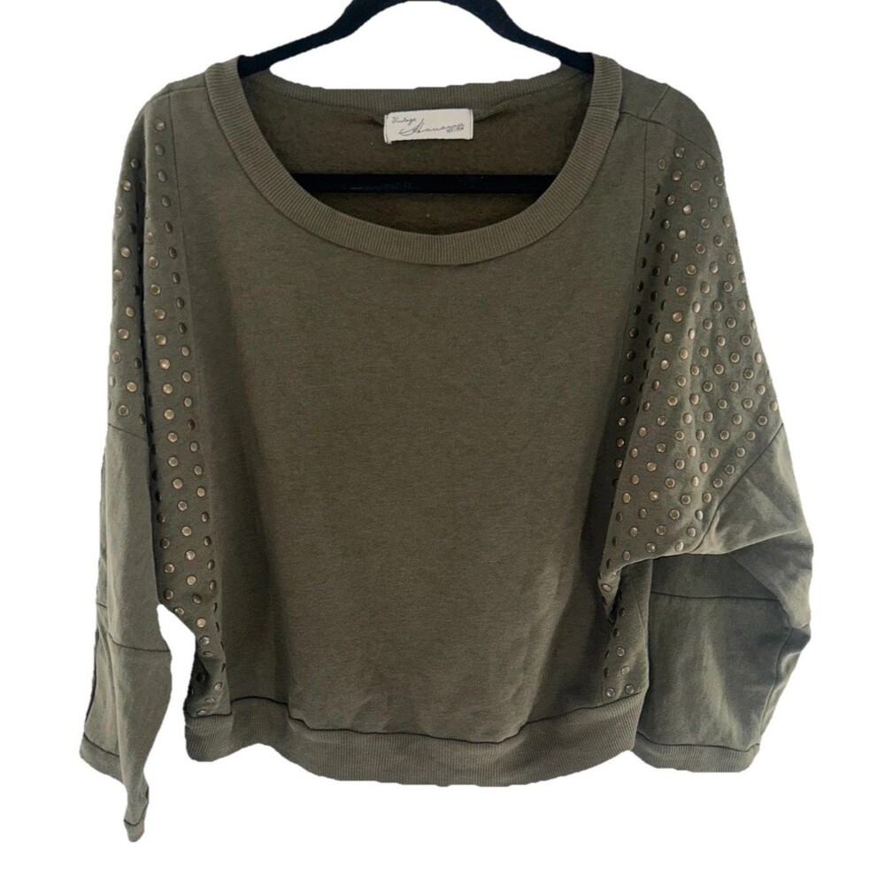 Women's Vintage Havana Green 3/4 Sleeve Crop Top With Studs Size L